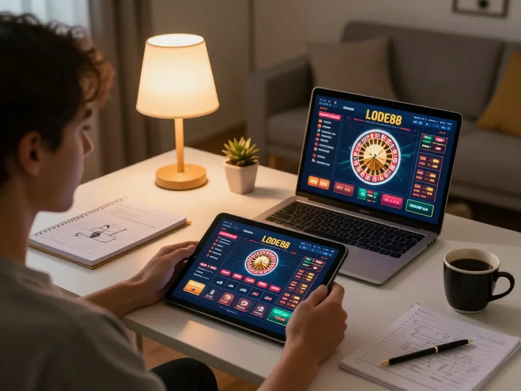 LODE88 online gaming setup showing vibrant roulette and poker games in a cozy environment