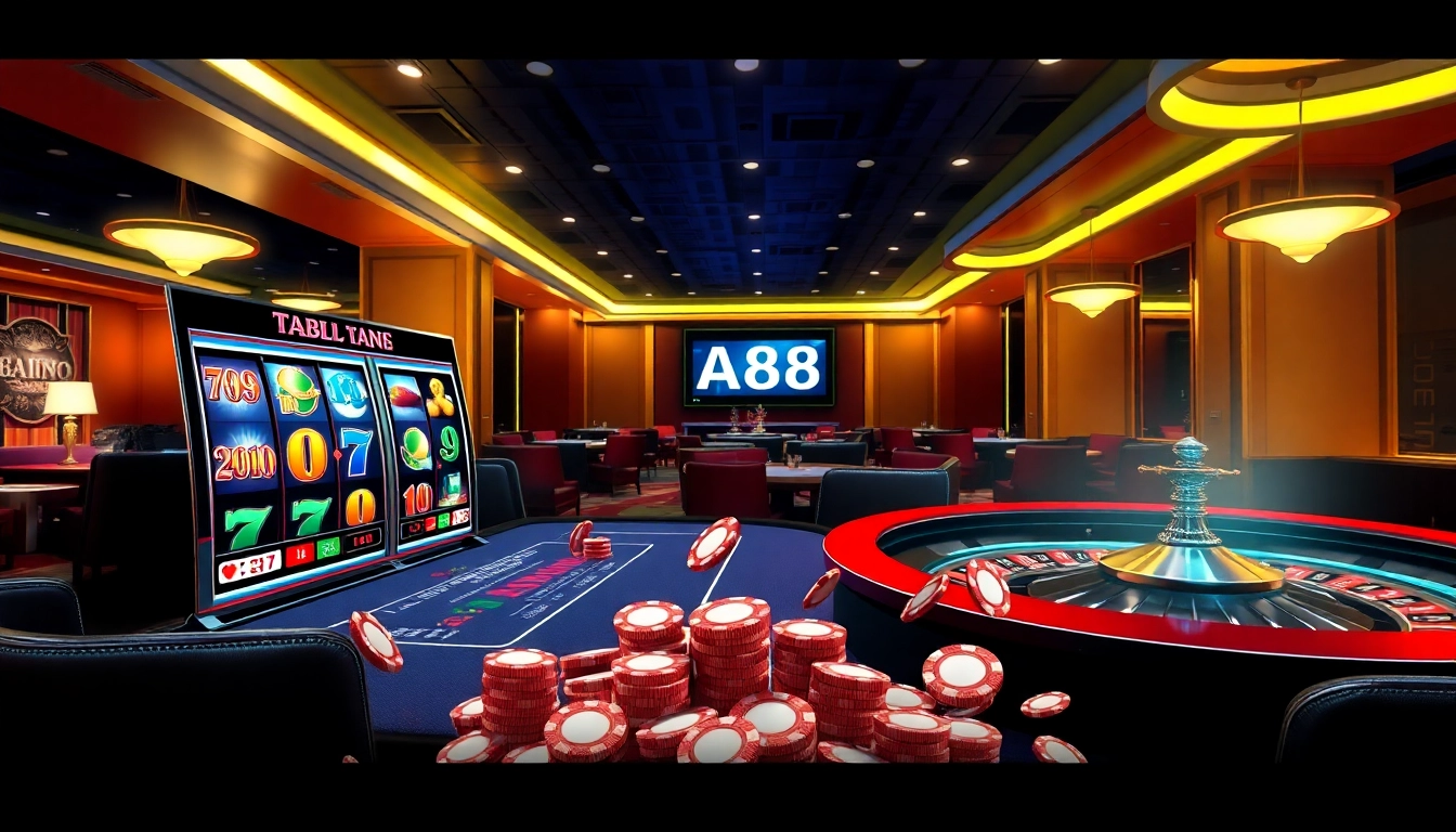Experience excitement with TA88 in a luxurious online casino featuring vibrant slots, poker tables, and roulette.