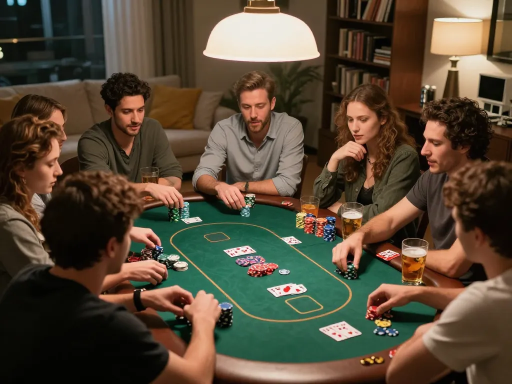 Friends enjoying an energetic home poker game with strategic bets on 11BET.