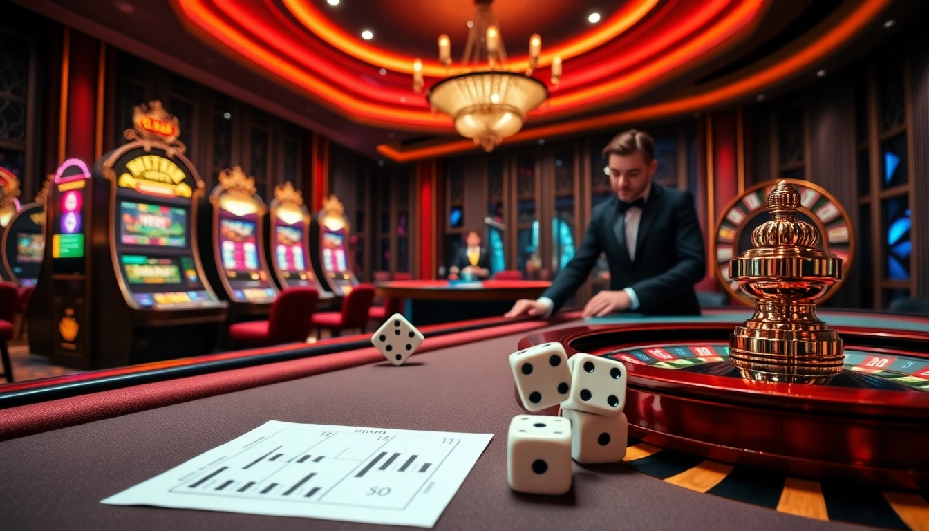 Experience the thrill of DA88 as dice roll and cards shuffle in a luxurious casino setting.
