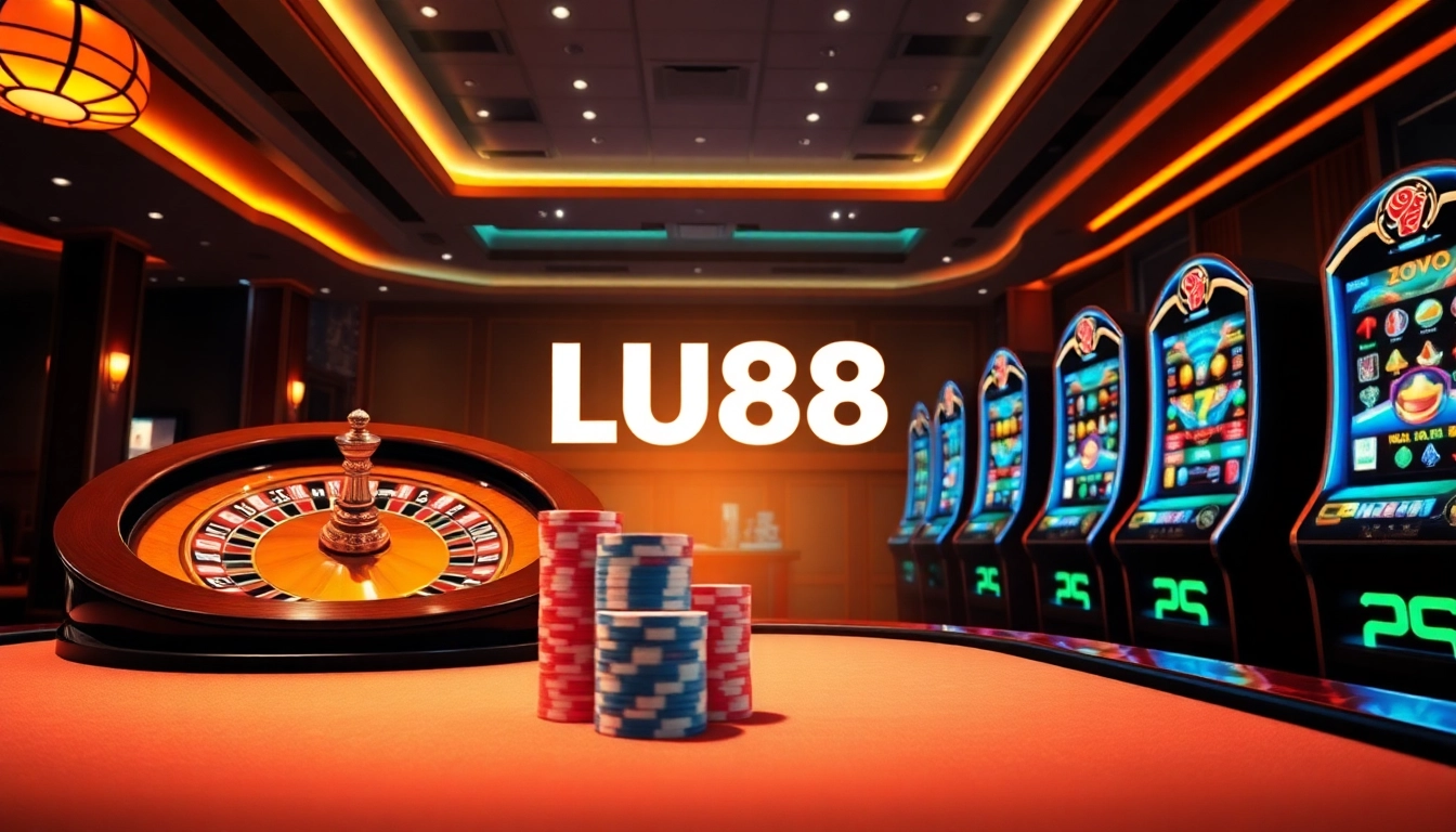 Experience the thrill of online gambling at LU88 with vibrant slot machines and poker chips.