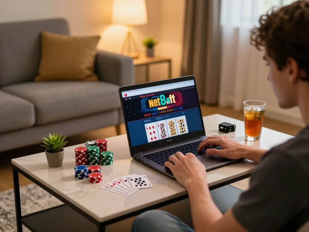 Player showcases online casino gaming experience at https://net88.wtf/ while enjoying a comfortable home setup.