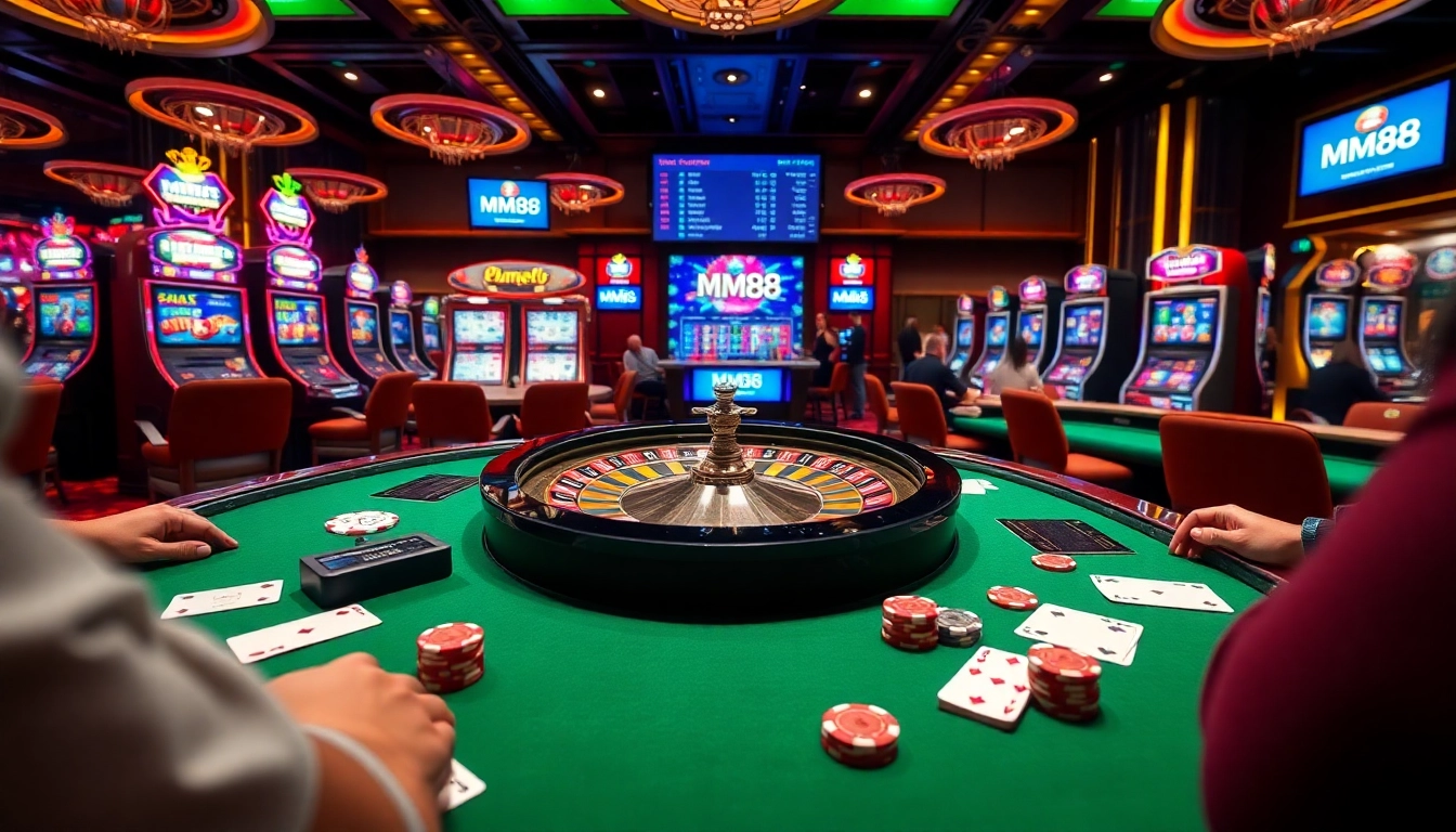 Experience the thrill of MM88 at a luxurious casino with roulette, poker tables, and vibrant slot machines.