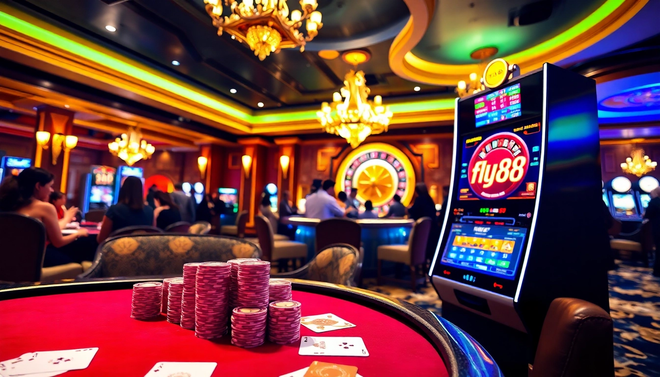 Experience the excitement of fly88 with vibrant gaming tables and slot machines in a luxurious casino atmosphere.