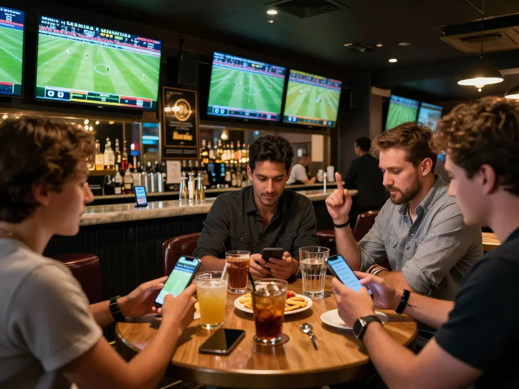 Tỷ lệ kèo nhà cái hôm nay showcased in a lively sports betting bar with fans actively engaging on their smartphones.