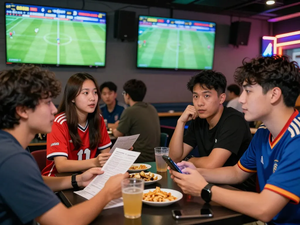 Friends enjoying the thrill of sports betting at 1gom, engaged in lively discussions with betting slips and screens displaying live odds.