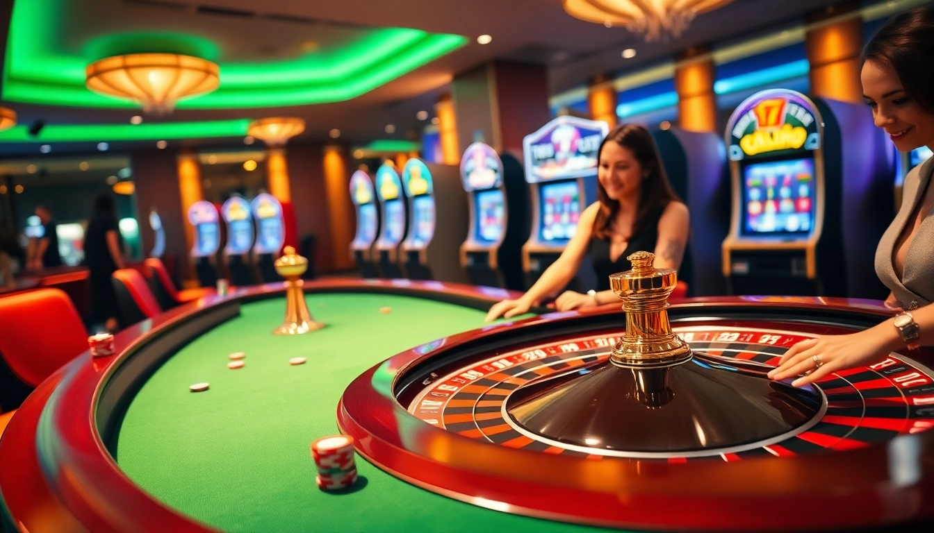 RR88 gamers engaging passionately at a luxury roulette table in a vibrant casino environment.