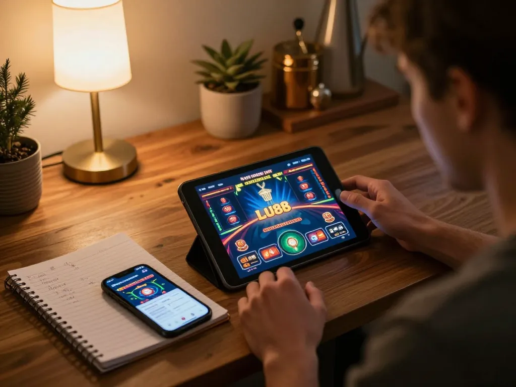 Player enjoying a LU88 online casino game on tablet with strategic notes nearby, cozy home vibe