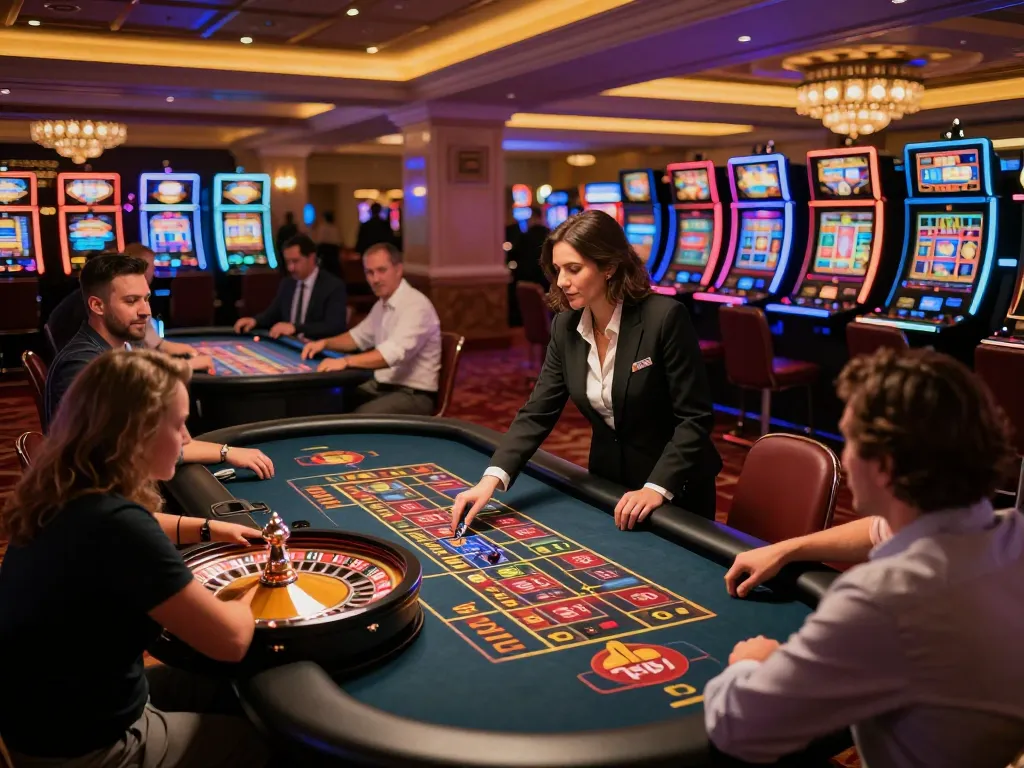 DEBET members excitedly placing bets at the roulette table in a vibrant casino atmosphere.