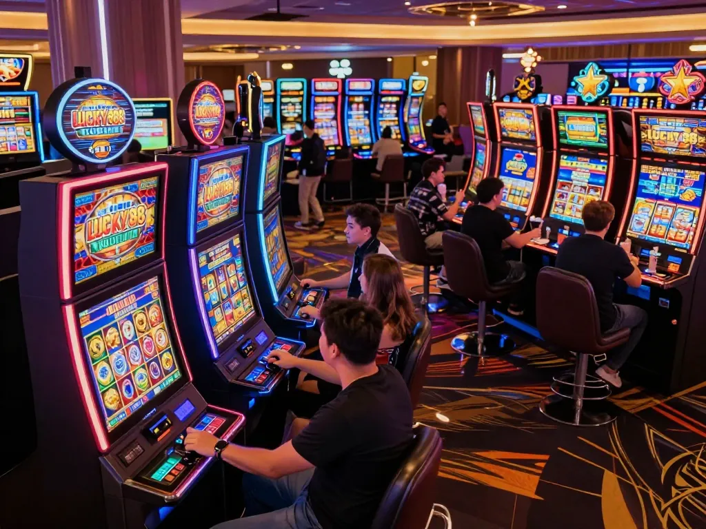 Players enjoying LUCKY88 slots in a lively casino, vibrant atmosphere filled with excitement.