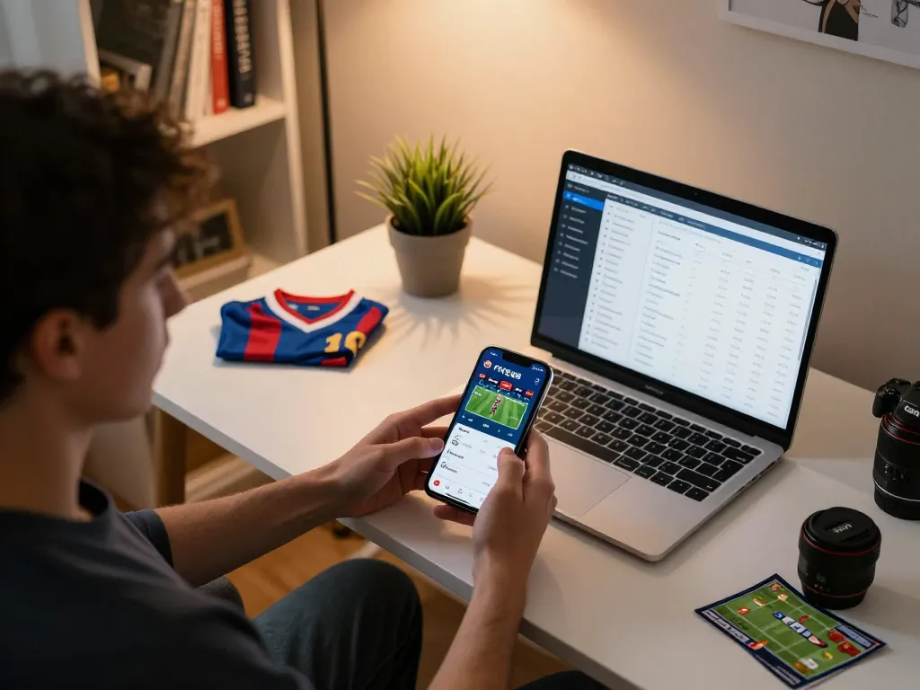Using the FIVE88 betting app on a smartphone in a cozy home office, showcasing dynamic sports betting experience