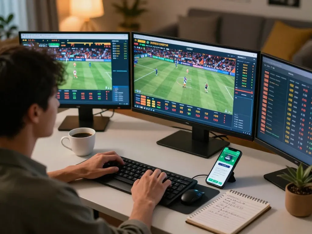 Active sports betting scene with DA88 displayed on multiple screens, highlighting odds and strategy
