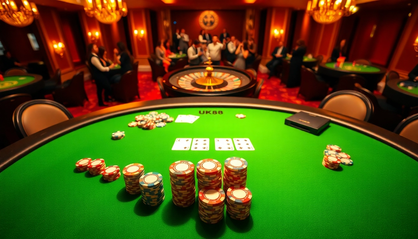 UK88 players enjoying thrilling casino games at an elegant poker table with vibrant chips.