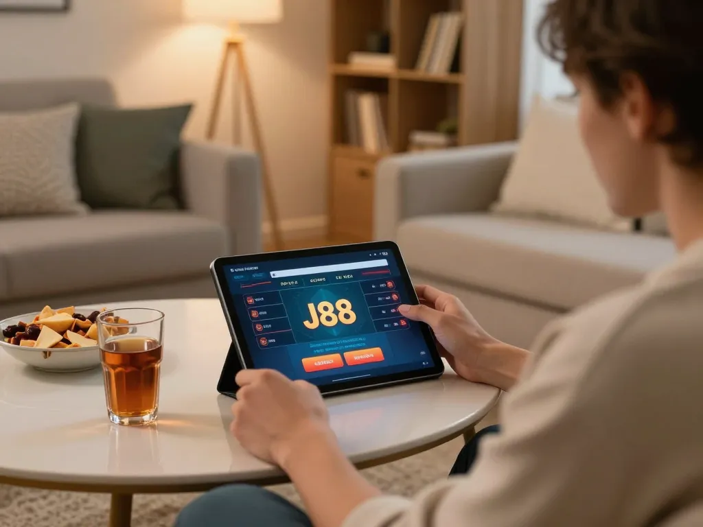 J88 online casino gaming with user engaged on tablet in cozy home setting