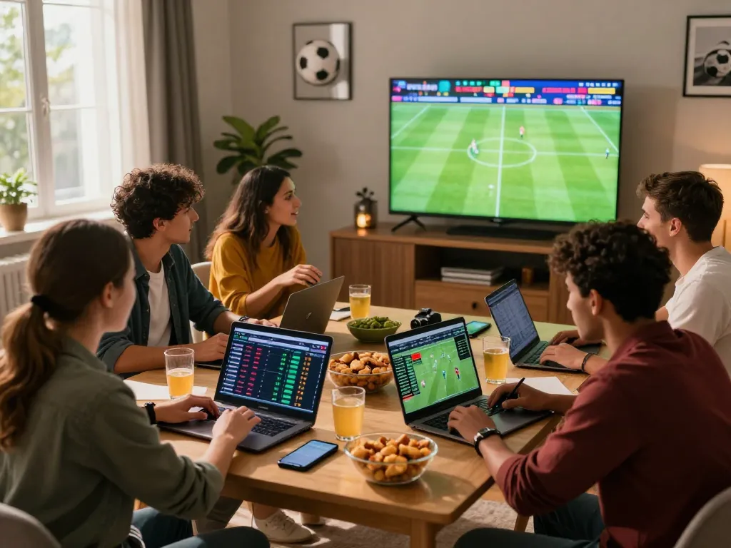 Friends engaging with keonhacai while watching a live football match in a cozy setting.