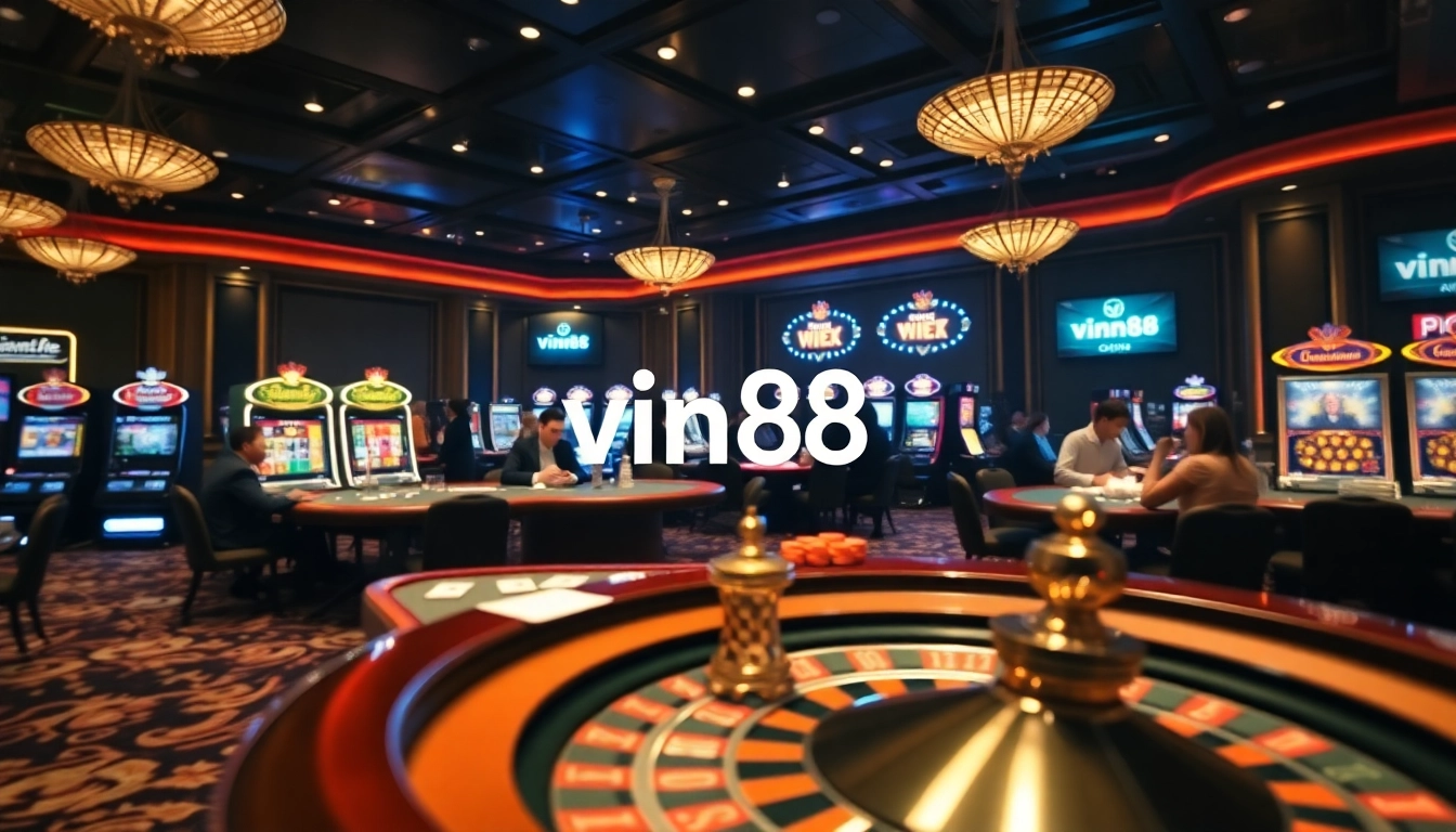 Experience high-stakes action at vin88 casino, with vibrant slot machines and poker gameplay.