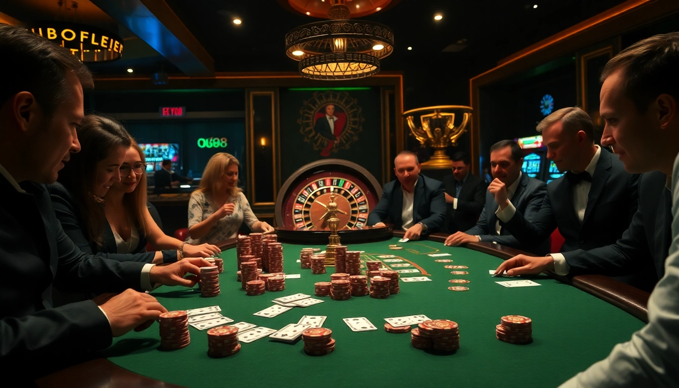 Players enjoying poker at XX88 casino, with vibrant chips and illuminated gaming tables.