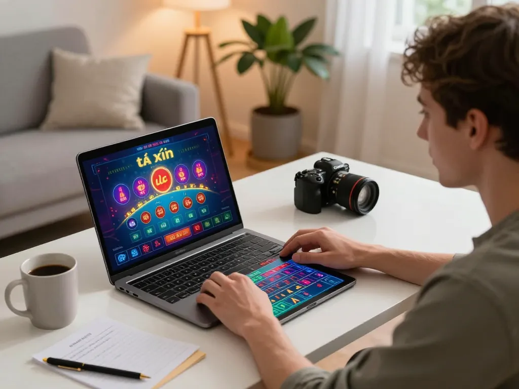 Engaging in tài xỉu online gaming on a laptop at home, showcasing strategy notes and a cozy atmosphere.