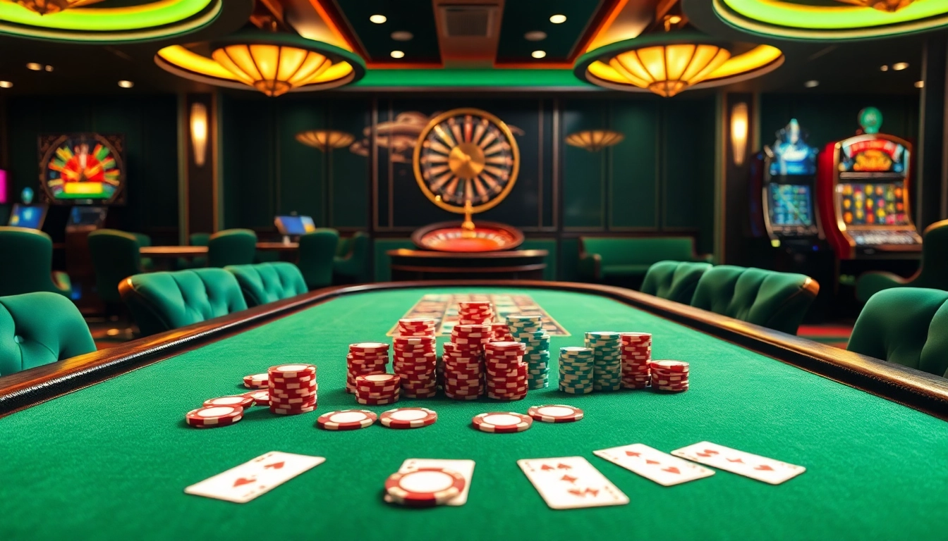 An exciting view of a luxurious casino table at https://kjc.pro/ showcasing vibrant poker chips and cards for gamblers.