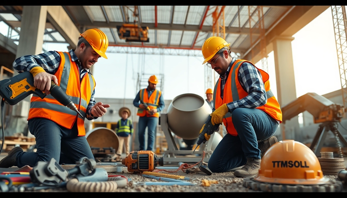 Vari utensili edilizia in uso in un vivace cantiere con operai qualificati.