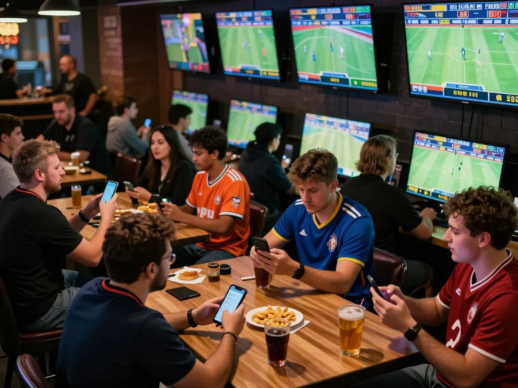DABET sports betting excitement as fans engage with live games and apps in a vibrant sports bar