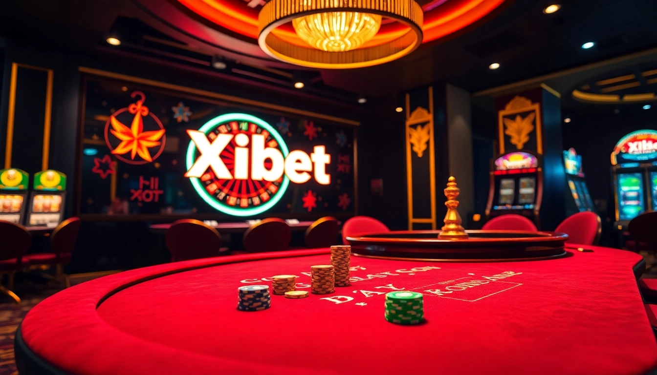 Xibet casino scene with poker players at a vibrant table, roulette wheel, and neon lights.