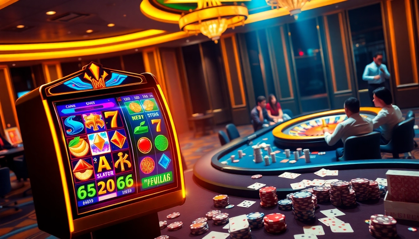Players enjoying slot deposit pulsa at a vibrant casino with lively slot machines and poker tables.