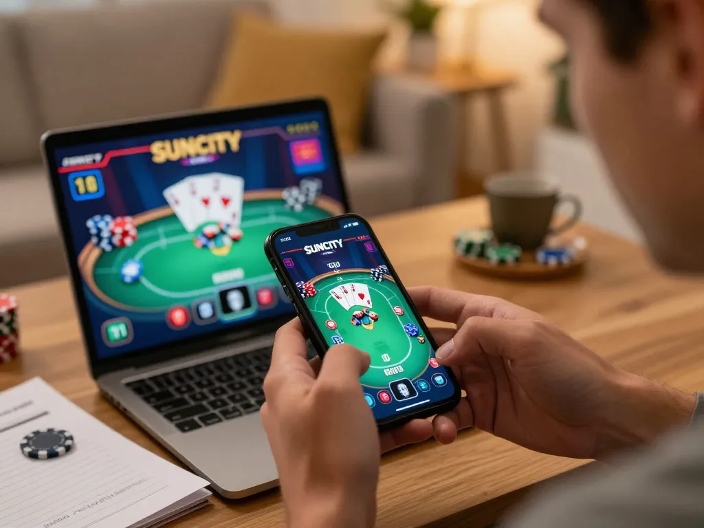 Suncity app displayed on smartphone during an online poker game in a cozy home