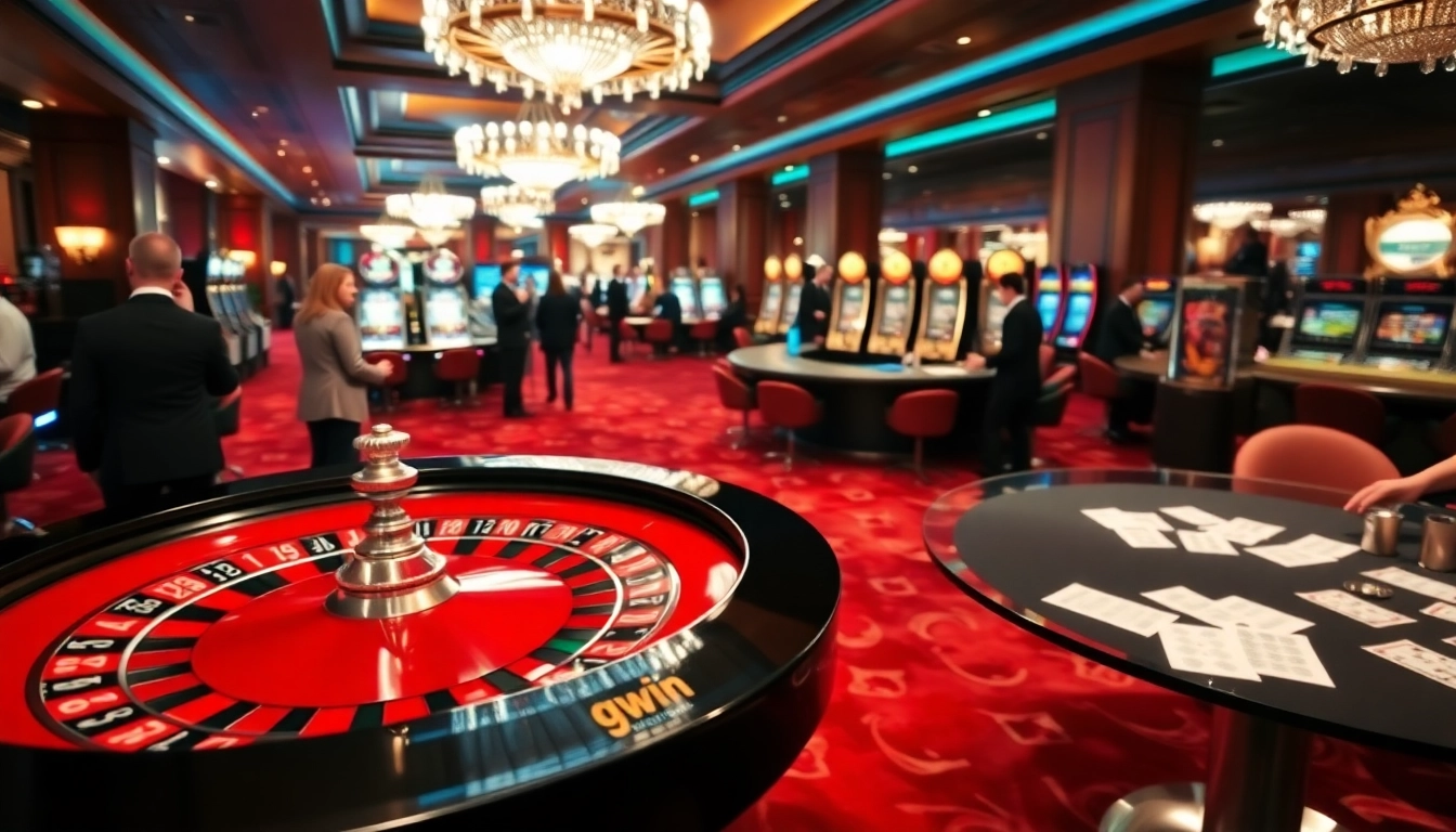Experience an exciting game at GGWIN casino with vibrant tables and dealers in a luxurious setting.