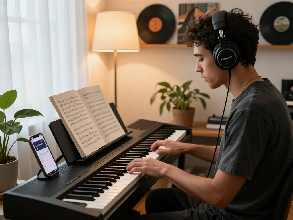 Engaged music lover playing go 88 digital piano in cozy home studio.