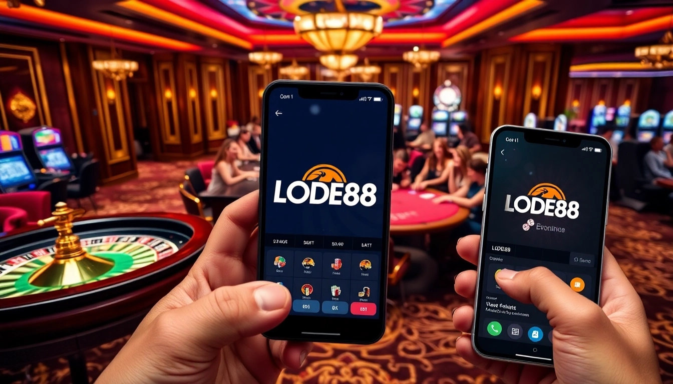 Exciting gambling scene showcasing LODE88 with roulette and poker tables.