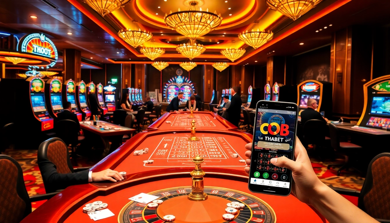 Players enjoy thrilling games at THABET casino tables filled with vibrant chips and cards.