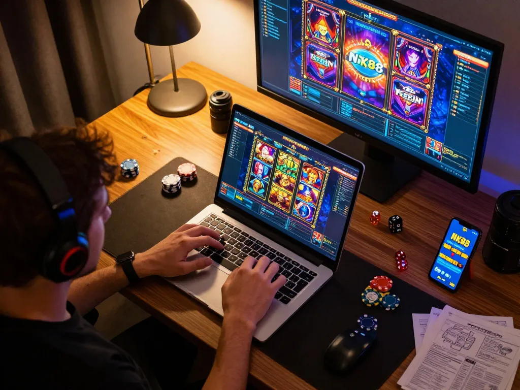 Player engaging with NK88 online slots on a laptop while surrounded by gaming accessories.