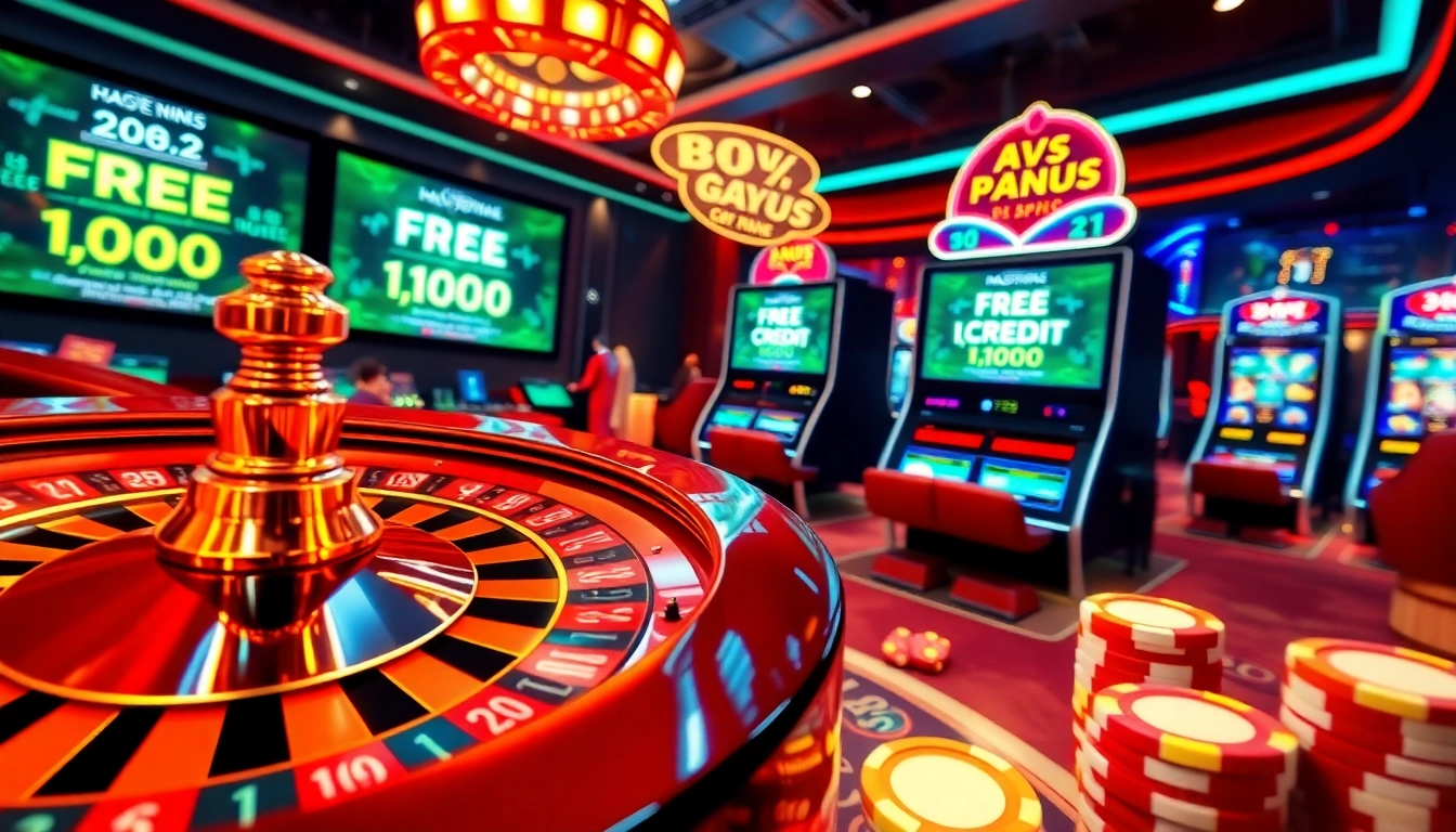 Experience the thrill of free credit live22 at a lively online casino scene filled with roulette wheels and slot machines.
