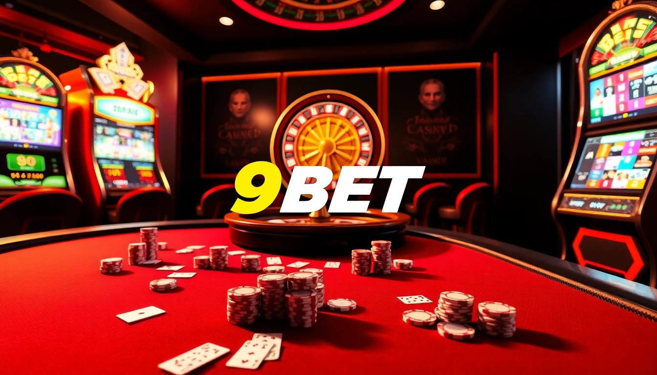 High-stakes poker action at 9BET casino with vibrant slot machines and roulette wheel.
