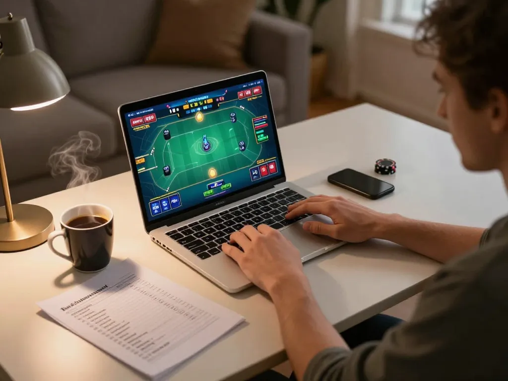 SIN88 player strategizing online poker gameplay during a cozy session at home.