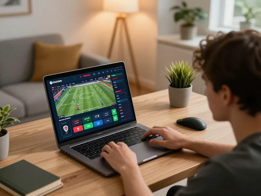 Player maximizing DEBET app features on a modern laptop in a cozy home office setting