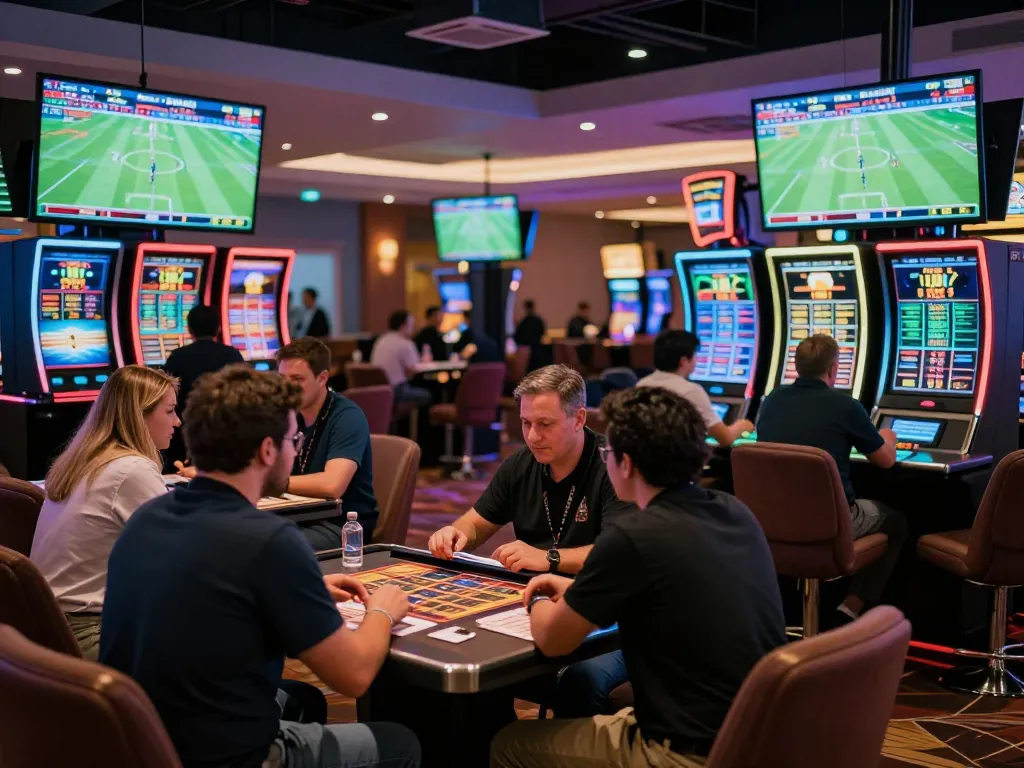 Tỷ lệ kèo nhà cái displayed prominently in a vibrant sports betting lounge, with focused bettors analyzing live games and odds.