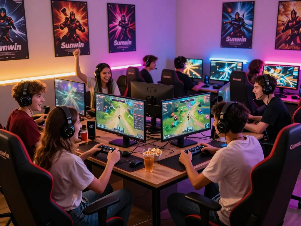Engaged friends playing tải sun win in a vibrant gaming setup with snacks and excitement.