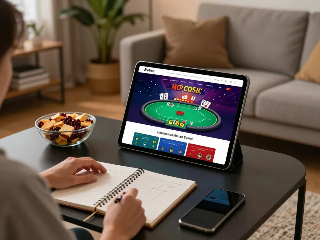 tv88 player enjoying a poker game on tablet in cozy home setting