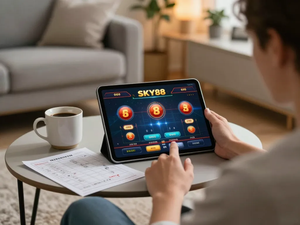 Engaging in SKY88 online casino gaming at home with tablet interface and strategic notes.