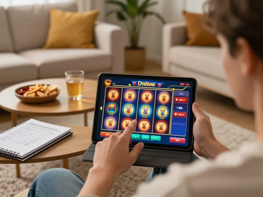 Engaging online gaming session with slot depo 10000 visible on tablet screen, showcasing colorful reels and player’s excitement