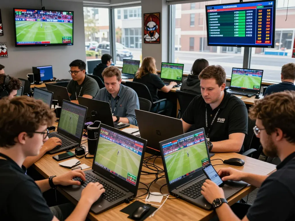 SBOBET betting scene with enthusiasts placing wagers in a lively sports bar atmosphere.