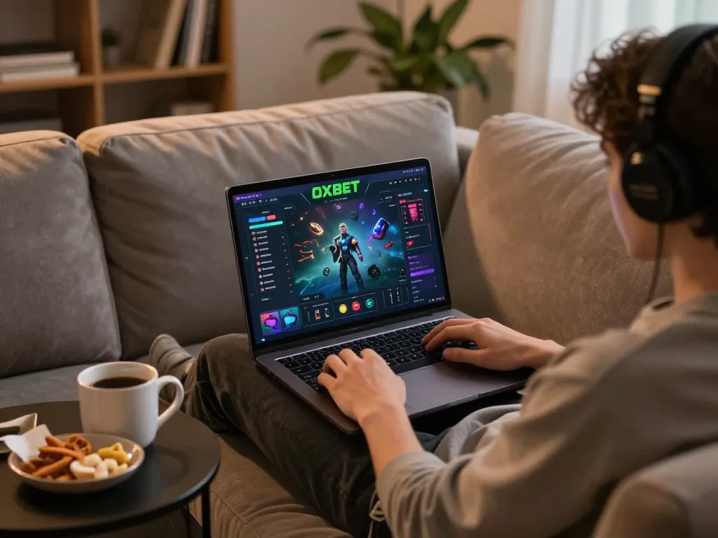 Player enjoying a thrilling OXBET gaming session from home with snacks and a cozy atmosphere