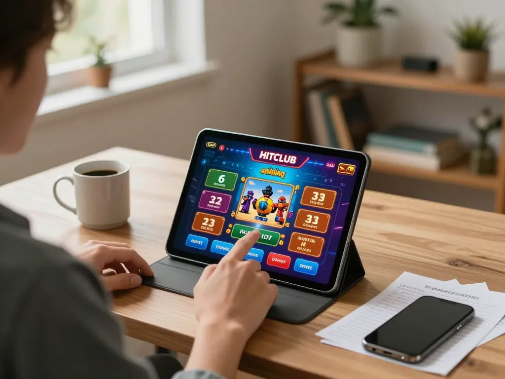Engaging in strategic online HITCLUB gaming on a tablet, highlighting a focused player at home.