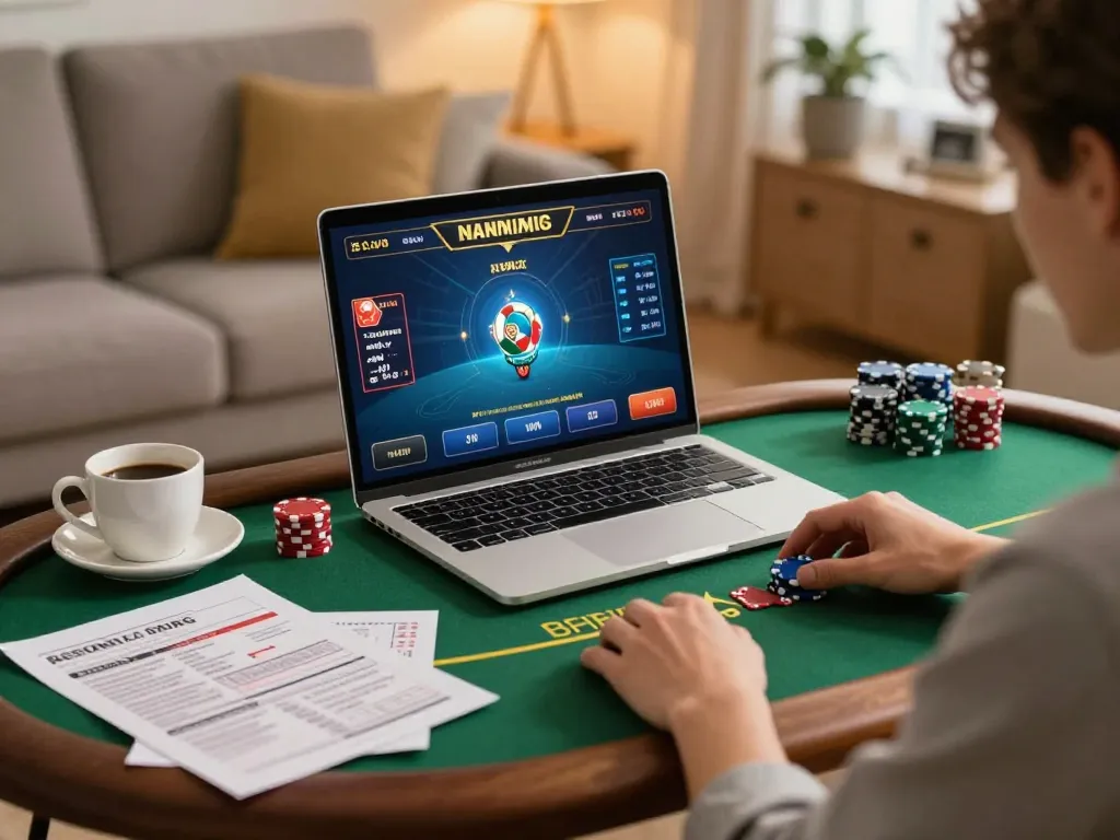 Player engaging in online poker with VIC88 in cozy living space, highlighting responsible gambling.
