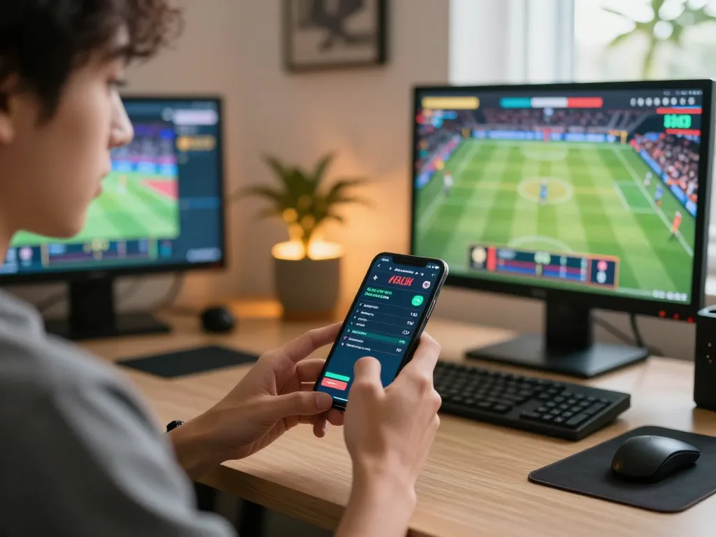 Player engaging in FABET sports betting on mobile app, dynamic atmosphere, and exciting sports events