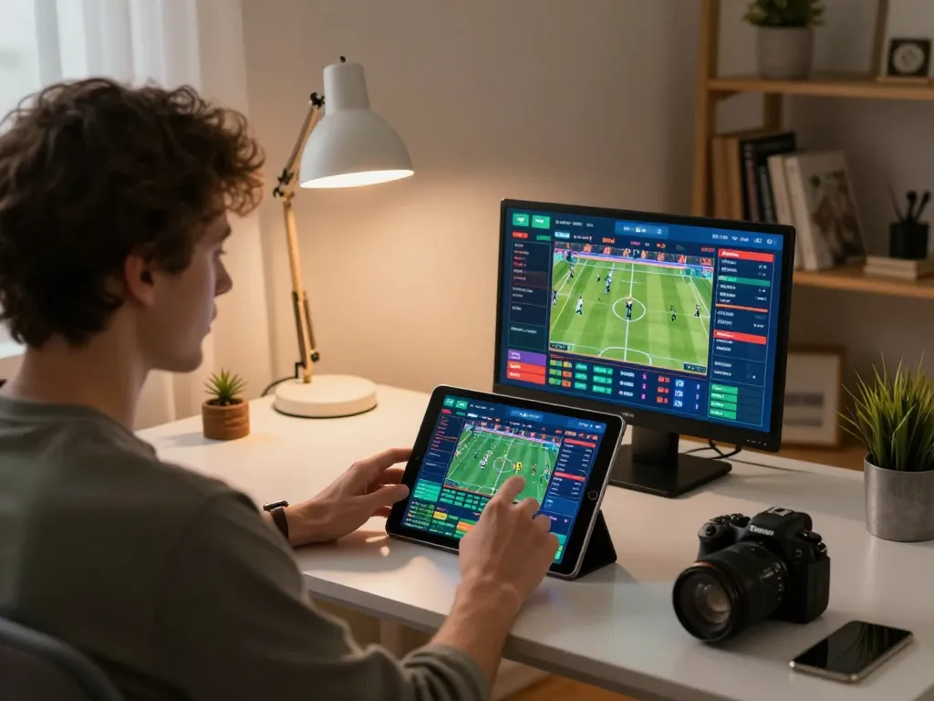 Utente coinvolgente che scommette su un tablet, esplorando opportunità di bookmaker non AAMS in un accogliente ambiente domestico.