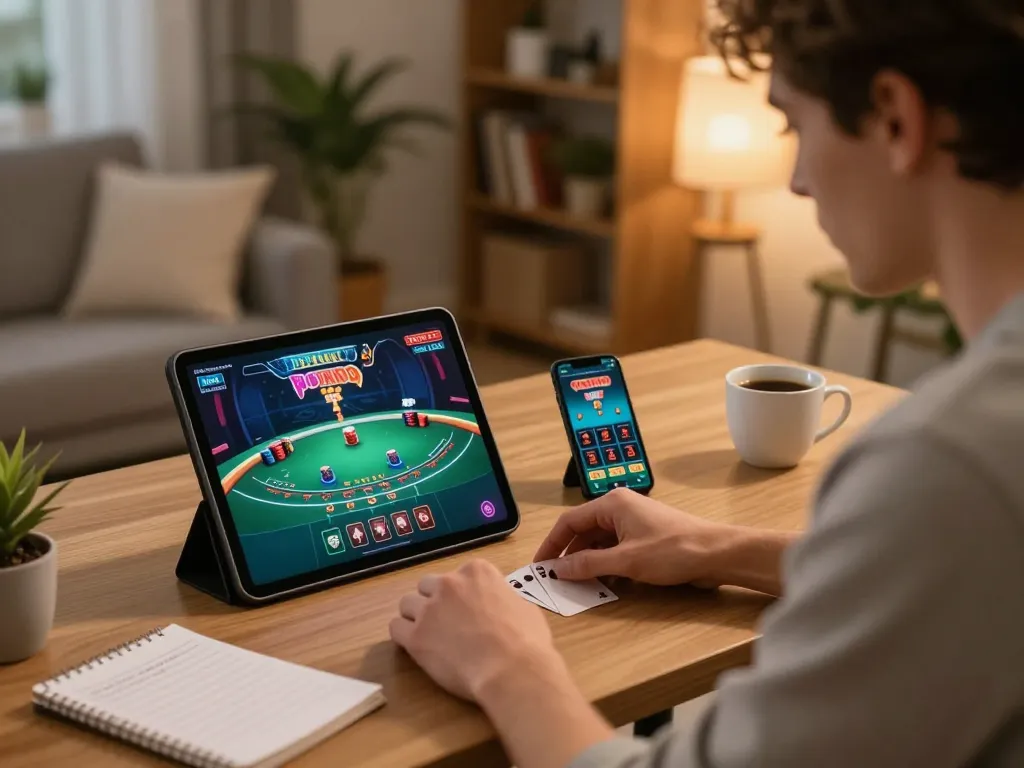 Player enjoying an engaging fyhot online blackjack game at home with strategies visible.