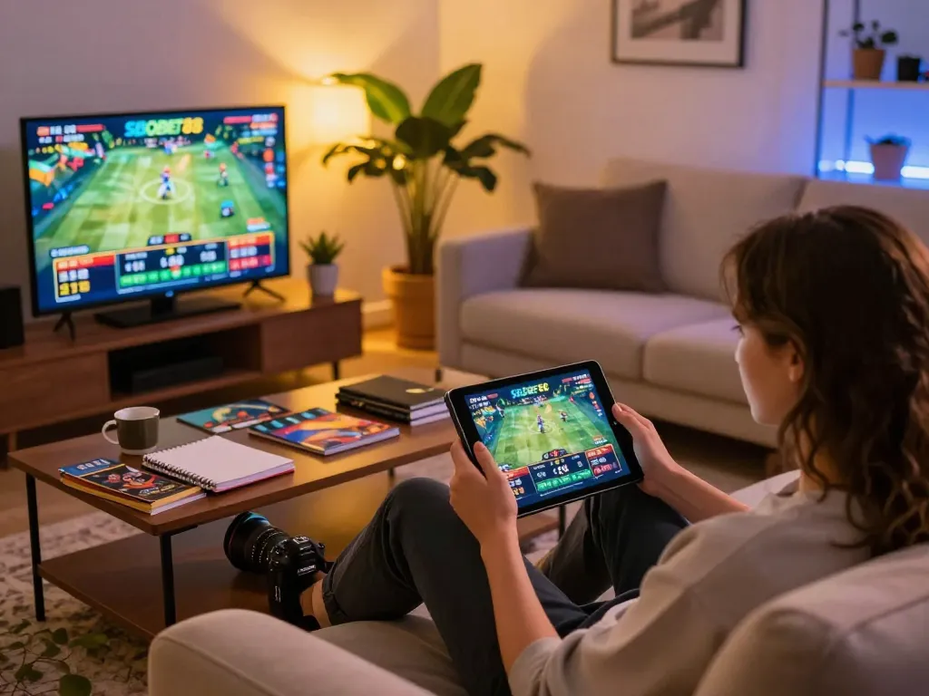 Pemain SBOBET88 terlibat dalam permainan kasino online di tablet dengan catatan strategis dan suasana hangat di rumah